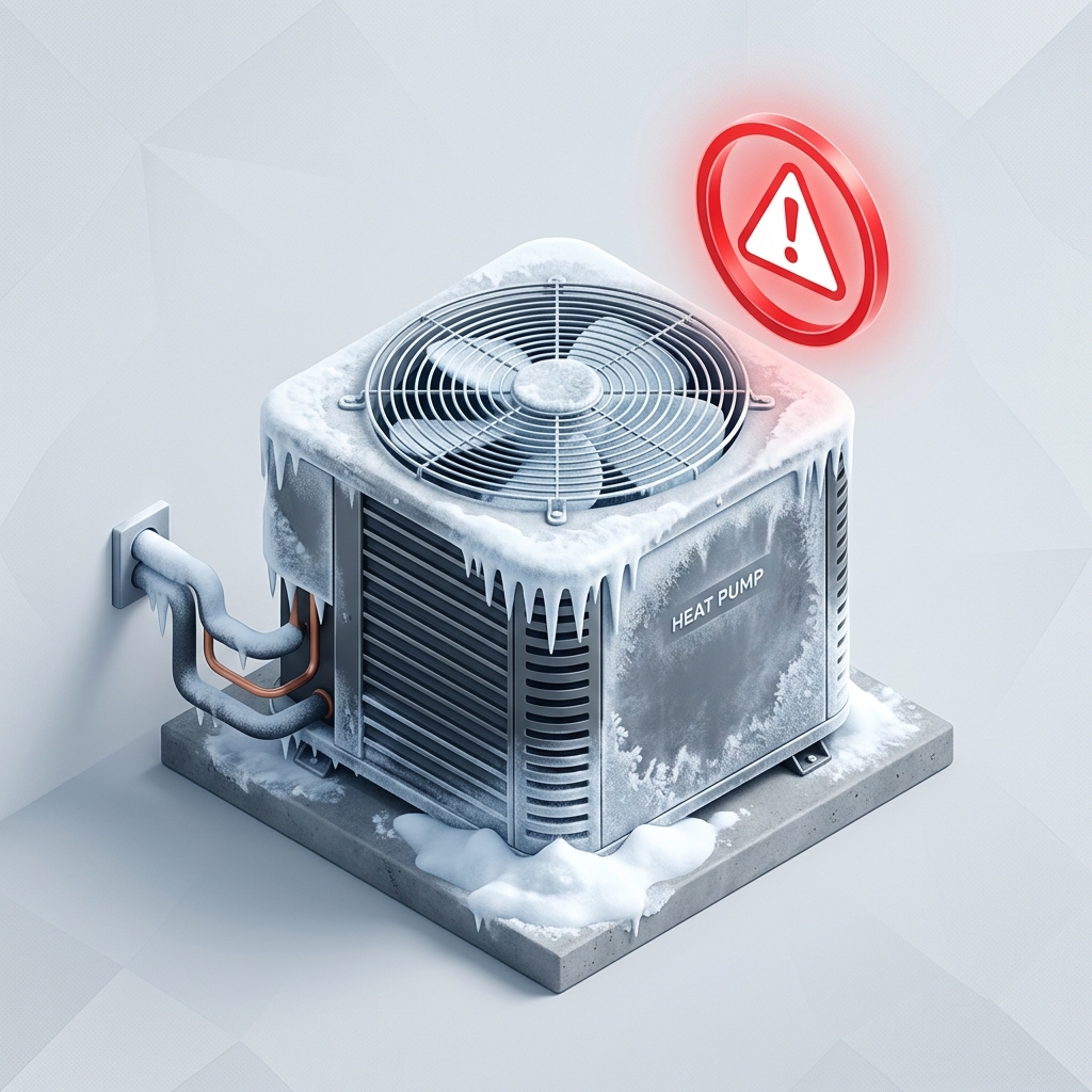 Unité extérieure de pompe à chaleur recouverte de givre nécessitant une intervention
