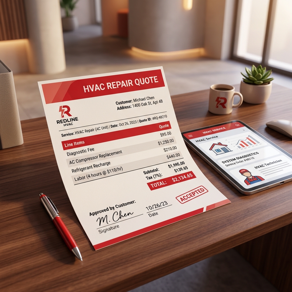 Devis de dépannage PAC détaillé posé sur un bureau
